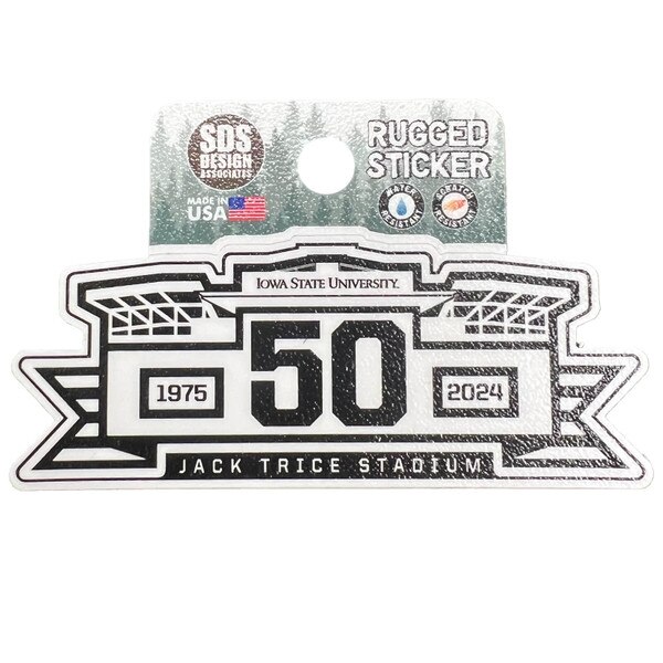 Jack Trice Stadium 50 Seasons Anniversary Black & White Rugged Sticker (1.25x3.5")